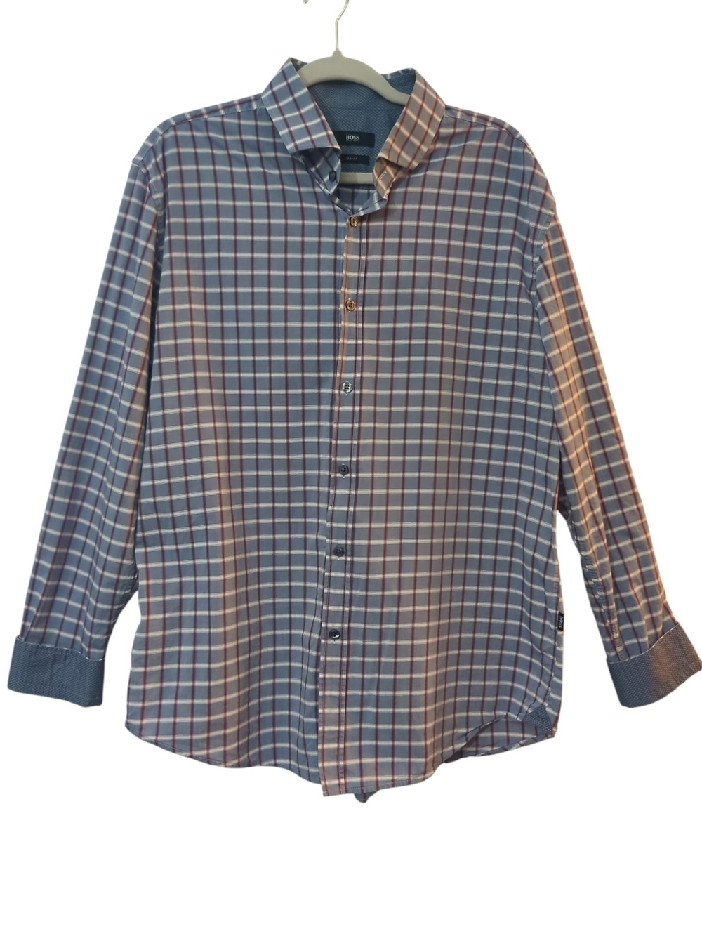 BOSS Hugo Boss Slim Fit Blue Plaid Button Down Shirt Men's 2XL Long Sleeve